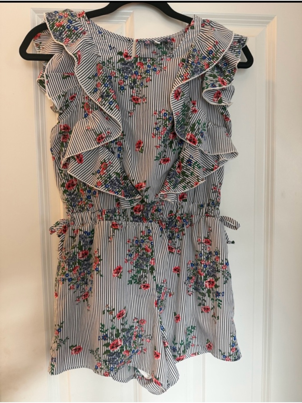 Truly Me Nordstrom Girls Ruffle Romper - black & white stripe w/ flowers